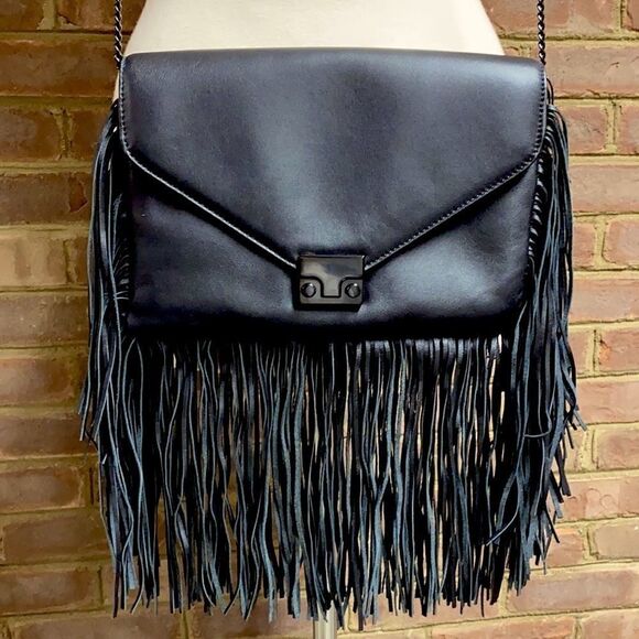 Loeffler Randall Black Leather Fringe Crossbody Bag - Picture 3 of 8
